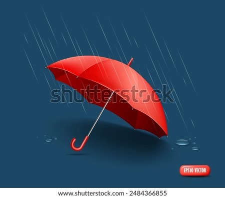 Red umbrella realistic, Rain and water drops design on dark blue background, EPS 10 vector illustration