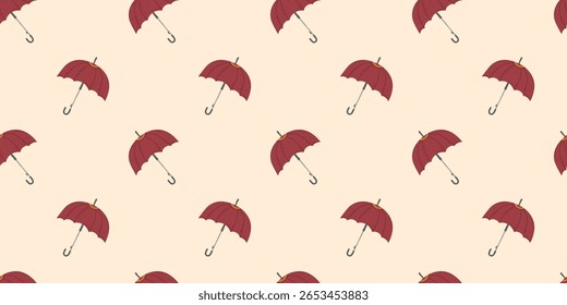 Padrão uniforme de guarda-chuva vermelho no fundo bege. Fundo de vetor com símbolo de outono e primavera para impressão, cartão, banner, papel de embrulho, convite, design de estação