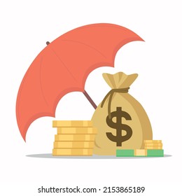 Red umbrella with a stack of gold coins and a bag of money, dollars under it. Vector flat icon isolated on white. Safe income. Money protection concept. Investments, business security.