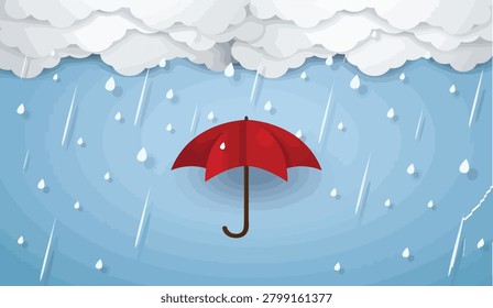 A red umbrella stands alone on a rainy day with white clouds and raindrops falling from the sky on a blue background