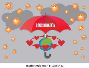 Red umbrella with text consideration, Corona rain, World globe and surronding hearts. Vector illustration.