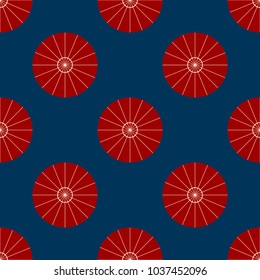 Red Umbrella Top View Vector Illustration. Parasol Flat Sign Seamless on Indigo Blue Background.