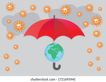 El paraguas rojo trata de hacer que la Tierra se salve del virus Corona. Ilustración vectorial.