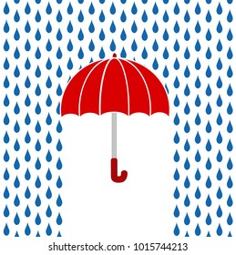 Red umbrella under rain, greeting card, stock vector illustration
