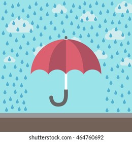 Red umbrella under rain protecting against raindrops on blue sky background with clouds. Safety, crisis, weather and protection concept. Flat design. Vector illustration. EPS 8, no transparency