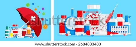 Red umbrella with white cross protecting from viruses. Different types of pills, bottles, thermometer, and syringe for health and medical care.