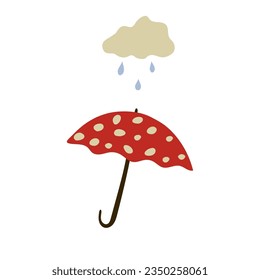 A red umbrella with white polka dots covers from the rain from the clouds. Autumn clip-art