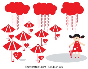 Red umbrellas and cloud on white background. Cute little girl with red umbrella standing under rain. Red heart shape under red umbrella. Concept of valentine's day. 