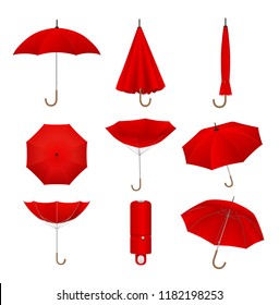 Red umbrellas set. Isolated on white background. Realistic umbrella or parasol in different positions, vector illustration. 