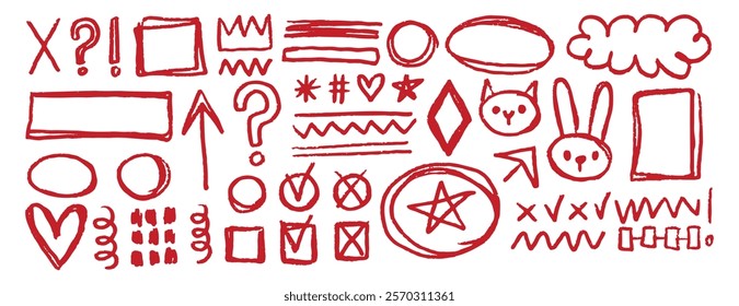 Red underline doodle pencil hand drawn elements set. Grunge line ellipses, punctuation marks, direction pointers, arrows, stars, question mark. . Vector illustration