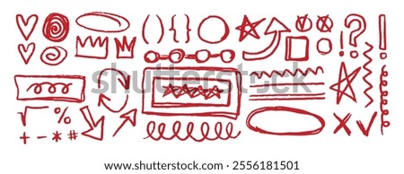 Red underline doodle pencil hand drawn elements set. Grunge line ellipses, punctuation marks, direction pointers, arrows, stars, question mark. . Vector illustration