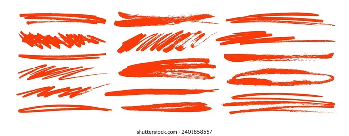 Red underline and strikethrough markers collection. Horizontal hand drawn marker stripes, scribble brush strokes, ovals and scrawls. Vector set of doodle underlines, pencil or charcoal scribbles.