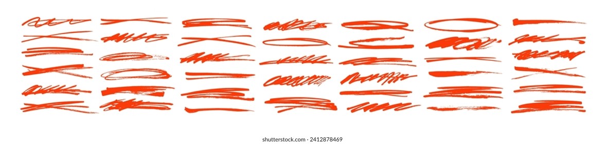 Red underline and strikethrough markers collection. Horizontal hand drawn marker stripes, scribble brush strokes, ovals and scrawls. Vector set of doodle underlines, pencil or charcoal scribbles.