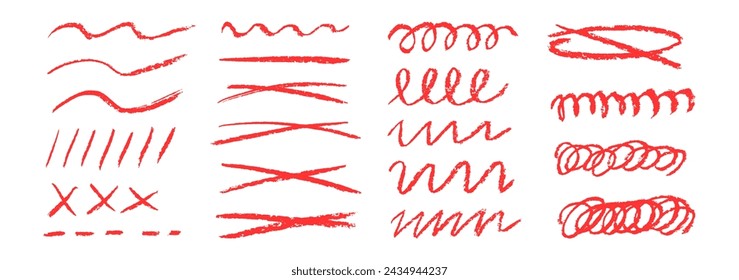 Red underlines and strikethrough strokes isolated on white background. Set of red hand drawn brush lines different forms. Rough charcoal strokes.Collection of vector grunge brushes.Charcoal strokes