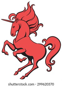 Red unicorn with a fiery mane reared  - hand drawn doodle vector illustration 