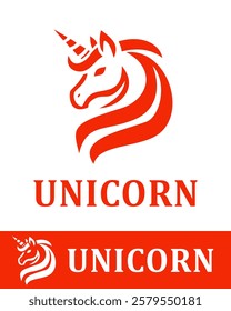 A red unicorn logo with elegant lines and a bold design isolated on white background