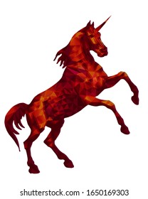  red unicorn standing on hind legs, isolated image on a white background in the style of low poly