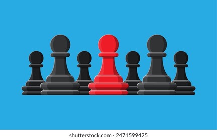 Red unique chess pawn standing among same gary ones. Human diversity, uniqueness and individuality. Concept of difference. Vector illustration in flat style