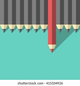 Red unique different pencil standing out from crowd of gray identical ones. Leader, leadership, individuality, ambition, uniqueness, success, business and courage concept. EPS 8 vector illustration