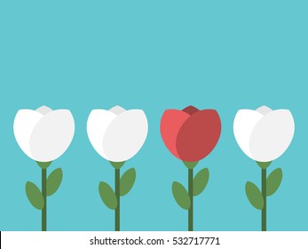 Red Unique Flower In Row Of White Ones On Turquoise Blue Background. Uniqueness, Diversity And Standing Out From The Crowd Concept. Flat Design. EPS 8 Vector Illustration, No Transparency