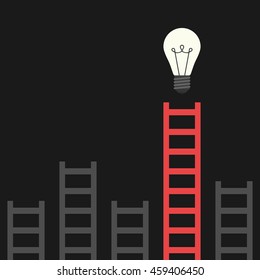 Red unique ladder and many gray ones leading to bright glowing light bulb on black background. Discovery, idea, success and insight concept. Flat design. Vector illustration. EPS 8, no transparency