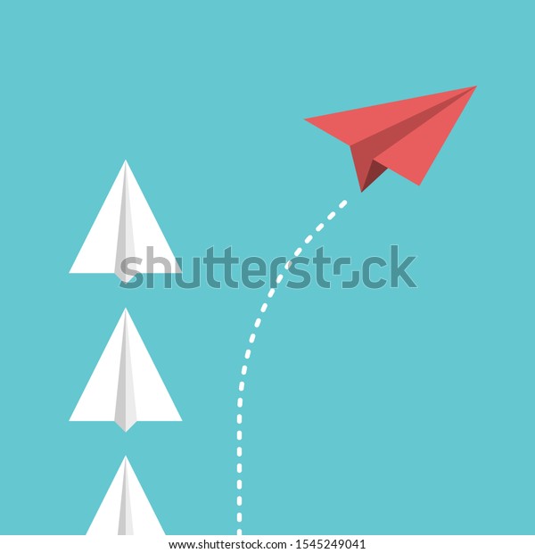 Red unique paper plane changing direction,\
dividing from group. Disruption, game changer, innovation, thinking\
different concept. Flat design. EPS 8 vector illustration, no\
transparency, no gradients