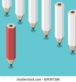 Red unique pencil standing against many identical white ones. Leadership, uniqueness, creativity and courage concept. Flat design. No transparency, no gradients