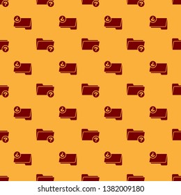 Red Unknown directory icon isolated seamless pattern on brown background. Magnifying glass and folder. Flat design. Vector Illustration