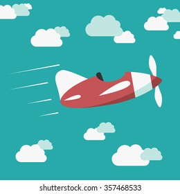 Red unmanned plane flying among clouds in blue sky without pilot. EPS 8 vector illustration, no transparency