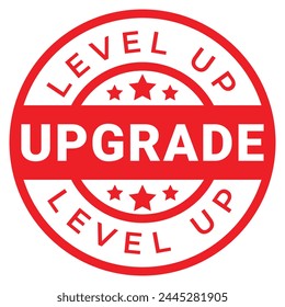 Red Upgrade, Level Up isolated round stamp, sticker, logo with Stars vector illustration