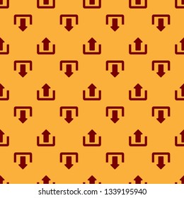 Red Upload icon isolated seamless pattern on brown background. Up arrow. Flat design. Vector Illustration