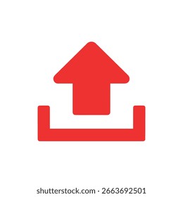 Ícone vermelho de carregamento exibindo uma seta apontando para cima colocada acima de uma forma de receptáculo, colocada sobre um fundo branco limpo, ideal para diversos aplicativos gráficos.