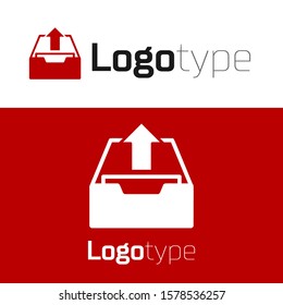 Red Upload inbox icon isolated on white background. Extract files from archive. Logo design template element. Vector Illustration