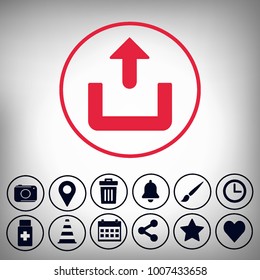 red upload,and camera, location,trash,bell,brush,clock,drugs,cone,calendar,share,star,heart, set icons