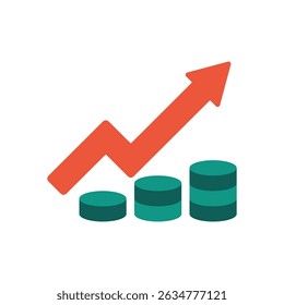 Red Upward Arrow and Stacked Coin Icon Representing Business Profit Growth or Increasing Financial Revenue