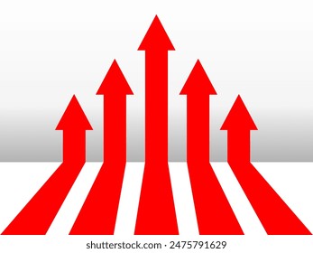 Red upwards arrow on wall, white background, success, way to win, target 