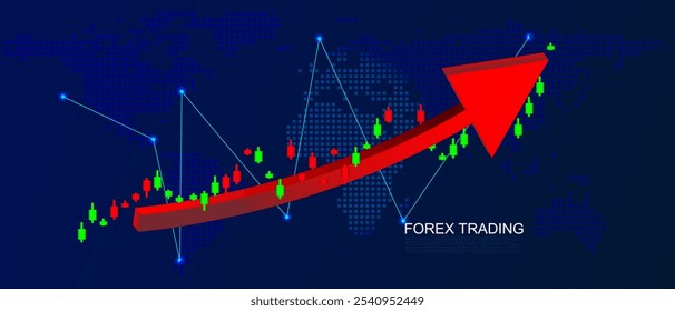 La flecha roja hacia arriba simboliza el potencial de crecimiento y ganancia financiera con Candlestick, la interconexión del concepto de economía global donde los valores de las monedas fluctúan constantemente