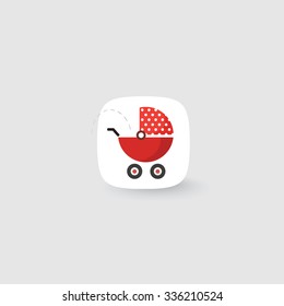 Red urinating baby pram flat icon template in cartoon film style. Beauty simple carriage logo design. Christmas new year style mobile game application illustration gift card child party emblem.