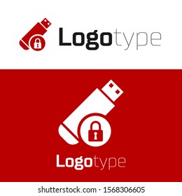 Red USB flash drive with closed padlock icon isolated on white background. Security, safety, protection concept. Logo design template element. Vector Illustration