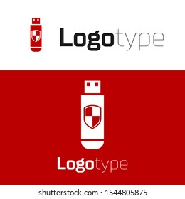 Red USB flash drive and protection shield icon isolated on white background. Logo design template element. Vector Illustration