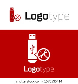 Red USB flash drive with screwdriver and wrench icon isolated on white background. Adjusting, service, setting, maintenance, repair, fixing. Logo design template element. Vector Illustration