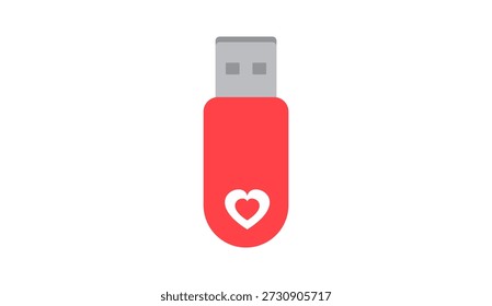 Red USB flash drive with white heart symbol vector illustration for Valentine's Day. 