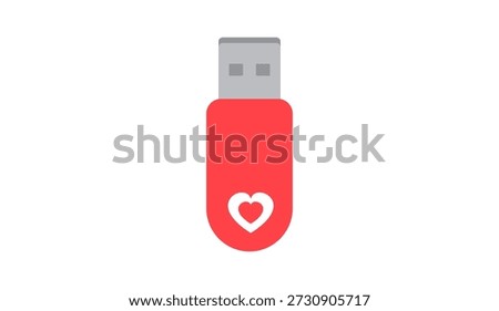 Red USB flash drive with white heart symbol vector illustration for Valentine's Day. 