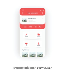 Red User Account UI, UX, GUI screen for mobile apps design. Modern responsive user interface design of mobile applications including Online User Account screen with documents, comments, like elements