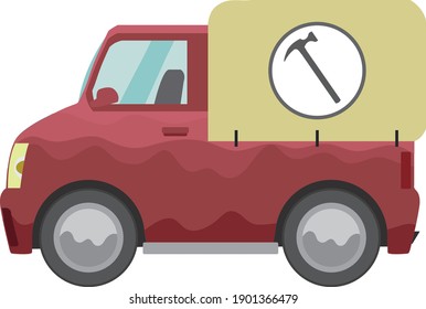 Red utility van with hammer logo