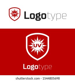 Red UV protection icon isolated on white background. Sun and shield. Ultra violet rays radiation. SPF sun sign. Logo design template element. Vector Illustration