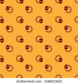 Red UV protection icon isolated seamless pattern on brown background. Sun and shield. Ultra violet rays radiation. SPF sun sign.  Vector Illustration