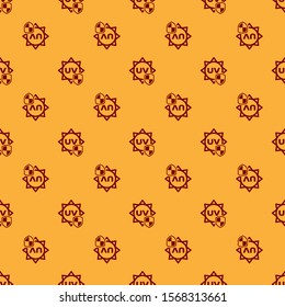 Red UV protection icon isolated seamless pattern on brown background. Sun and shield. Ultra violet rays radiation. SPF sun sign.  Vector Illustration