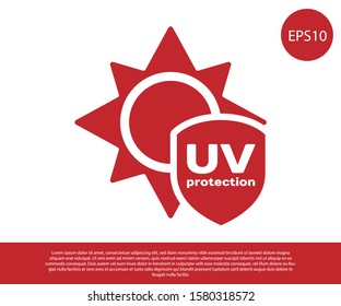 Red UV protection icon isolated on white background. Sun and shield. Ultra violet rays radiation. SPF sun sign.  Vector Illustration