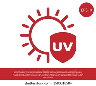 Red UV Protection Icon Isolated On White Background. Sun And Shield. Ultra Violet Rays Radiation. SPF Sun Sign.  Vector Illustration